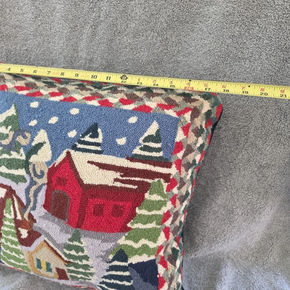 Vintage Hooked Wool Christmas Winter Scene Pillow 18x15